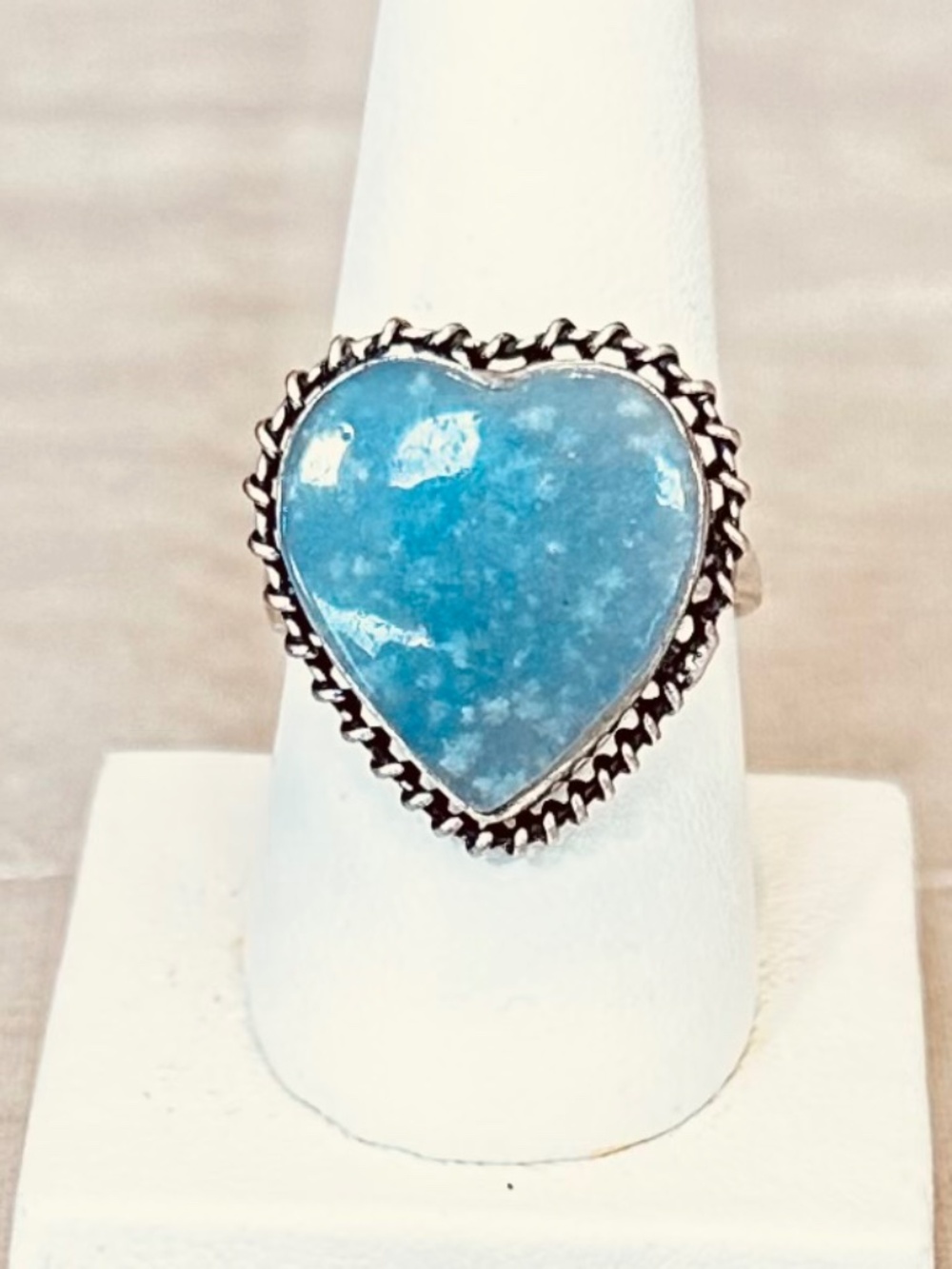 Blue Chalcedony Heart Ring Sterling Silver 925 Statement Boho Vintage Sz 8-3/4